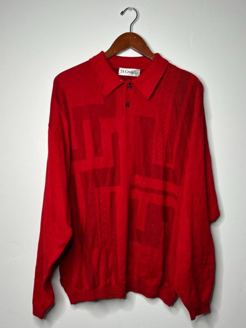 Red St. Croix long sleeve polo shirt with geometric pattern size XL